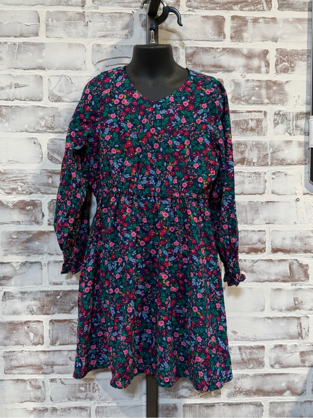 Crewcuts Navy Floral V‑Neck Dress with Pink & Green Accents